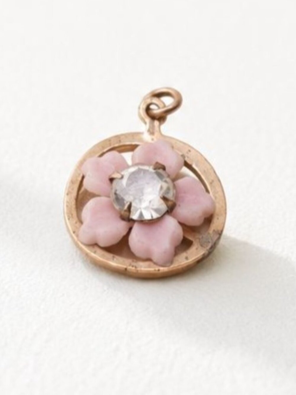 Vintage Pink Flower Pendant With Rhinestone Accent Gold-Tone Frame 1 Inch Diamet